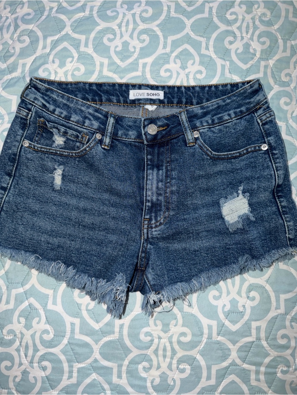 Soho Blue Distressed Frayed Hem Denim Shorts